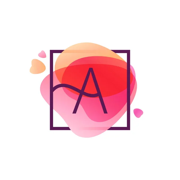 Buchstabe ein Logo in quadratischem Rahmen auf rosa Aquarell Hintergrund. — Stockvektor