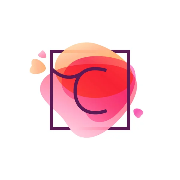 C letter logo in square frame at pink watercolor background. — Stock Vector