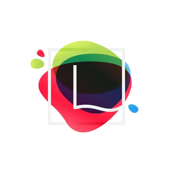 L brief logo in vierkante frame bij multicolor splash achtergrond. — Stockvector