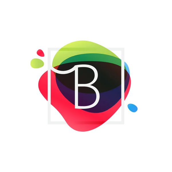 Logotipo de letra B en marco cuadrado en fondo multicolor salpicadura . — Archivo Imágenes Vectoriales