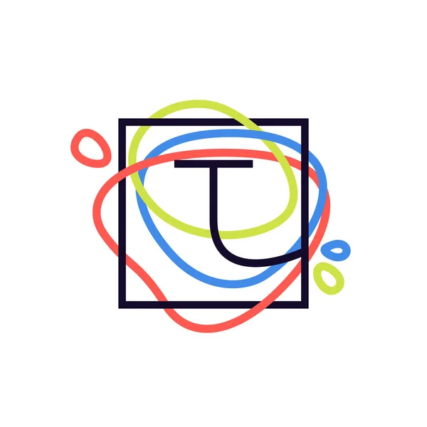 T dopis logo ve čtvercovém rámci na barevné linky pozadí. — Stockový vektor