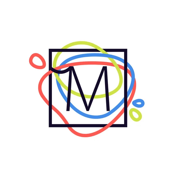 M letter logo in square frame at colorful line background. — Stock Vector