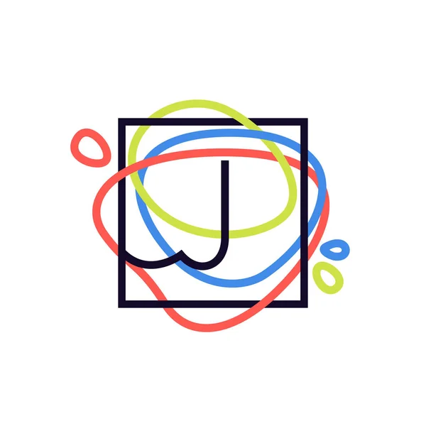 J letter logo in square frame at colorful line background. — Stock Vector