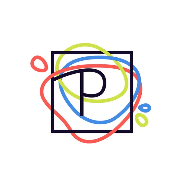 P brief logo in vierkante frame bij kleurrijke lijn achtergrond. — Stockvector