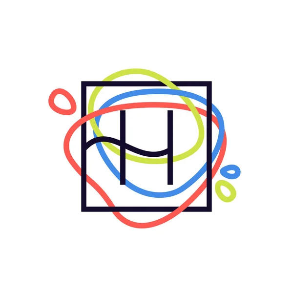 H Brief-Logo in quadratischem Rahmen bei buntem Linienhintergrund. — Stockvektor