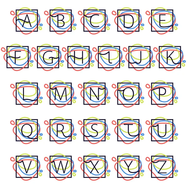 Bunte Linienbuchstaben im quadratischen Rahmenset. — Stockvektor