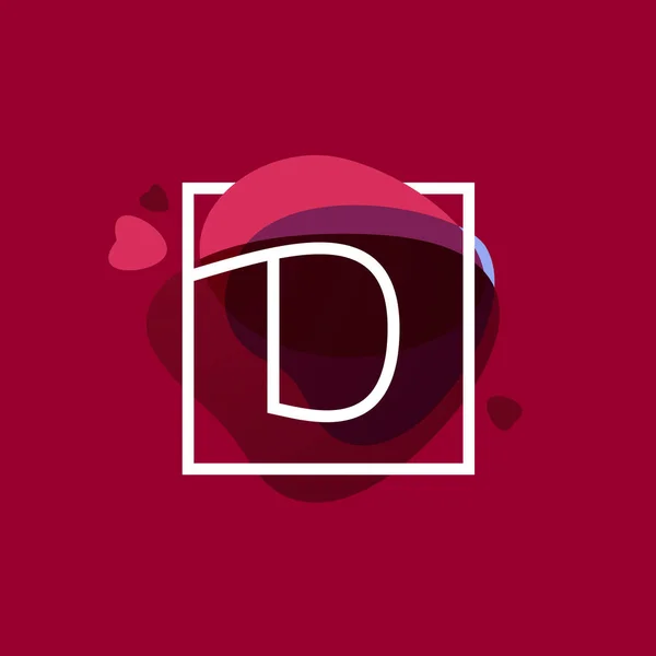 Logotipo de letra D en marco cuadrado en fondo de acuarela con oído — Vector de stock