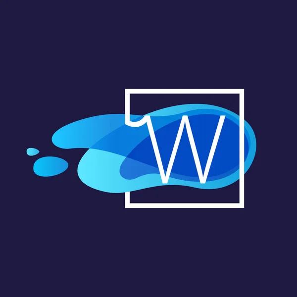 W logo letra en marco cuadrado en acuarela azul flujo de fondo — Vector de stock