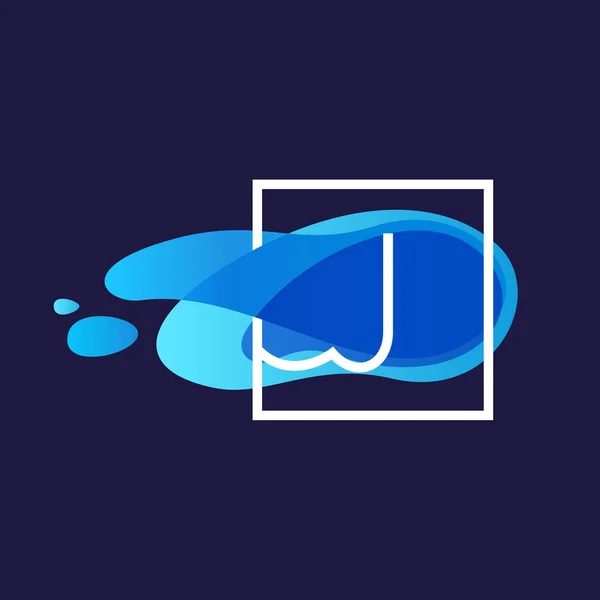 Logo písmeno J v čtverce na akvarel blue toku pozadí — Stockový vektor