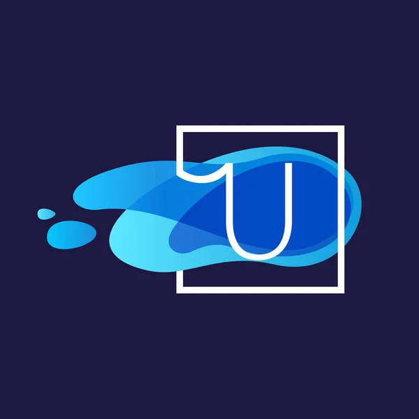 方形框架在水彩蓝流背景 U 字母徽标 — 图库矢量图片