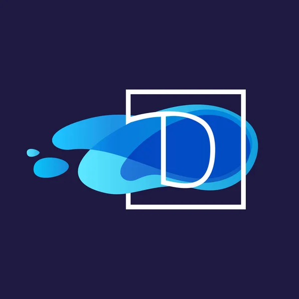 Логотип D-літери у квадратній рамці на фоні акварельного синього потоку — стоковий вектор