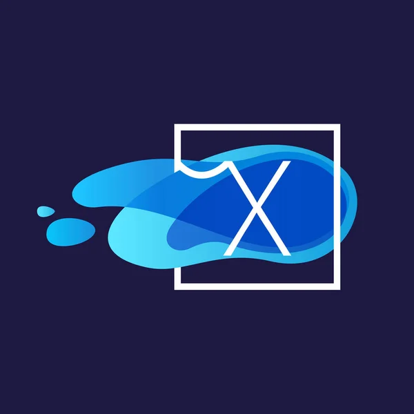 水彩の青い流れの背景で正方形のフレームの文字ロゴ x — ストックベクタ