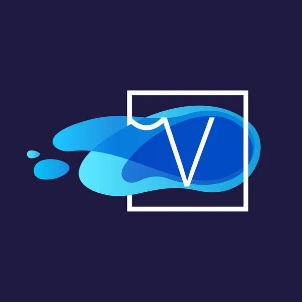 V letter logo in square frame at watercolor blue flow background — Stock Vector