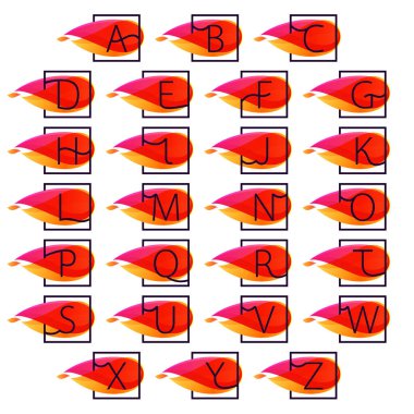 Alfabe logolar kare çerçeve içinde alev arka plan ateş. 