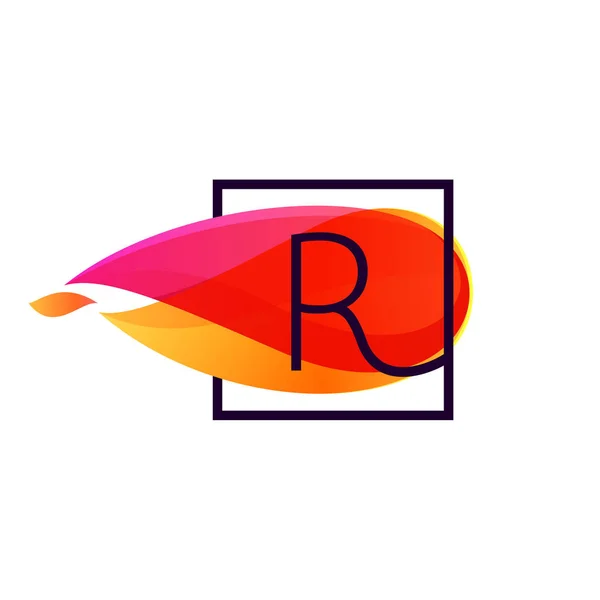 Logotipo de letra R en marco cuadrado en el fondo de llama de fuego . — Vector de stock