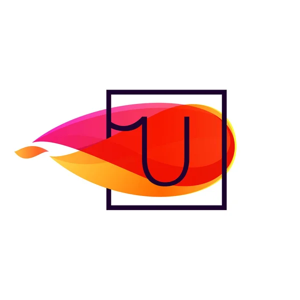 U letter logo in square frame at fire flame background. — Stock Vector