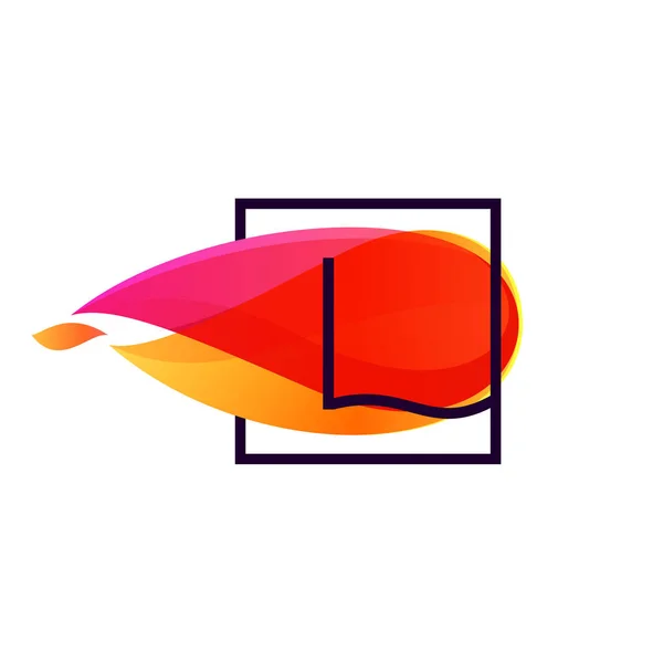 L 文字ロゴ火災炎背景で正方形のフレームで. — ストックベクタ