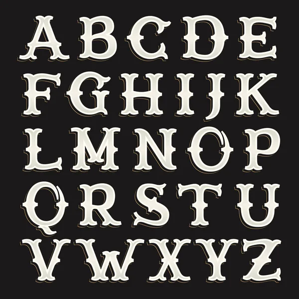 Old serif alphabet font on the dark background. — Stock Vector