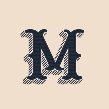 M letter logo in vintage western style with lines shadows.