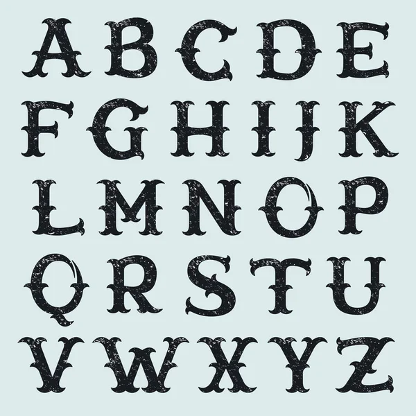 Vintage dekorační deska serif abeceda s texturou, drsné grunge — Stockový vektor