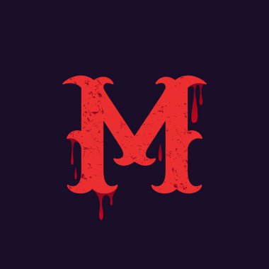 M harfi logosu. Vintage levha serif türü Kan sıçraması ile.
