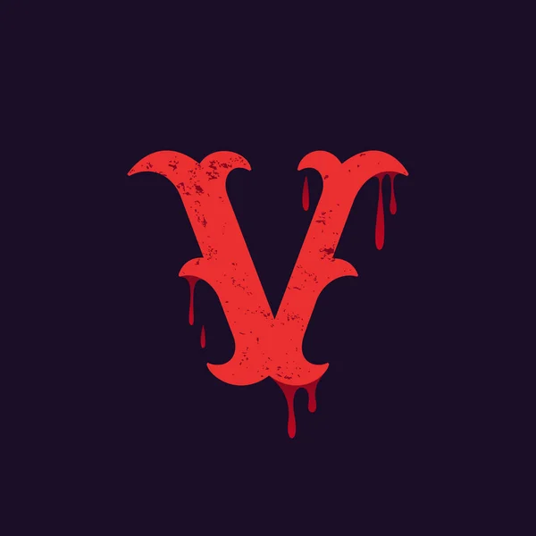 Logotipo V. Tipo serif losa vintage con salpicaduras de sangre . — Vector de stock