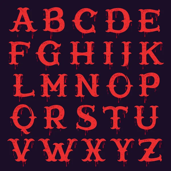 Alphabet serif dalle vintage avec éclaboussures de sang et texte grunge — Image vectorielle