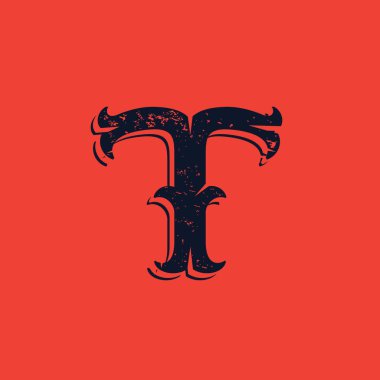 T harfi logo Vintage Batı Victoria grunge tarzı.