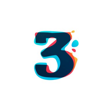 Number three logo with watercolor splashes.  clipart