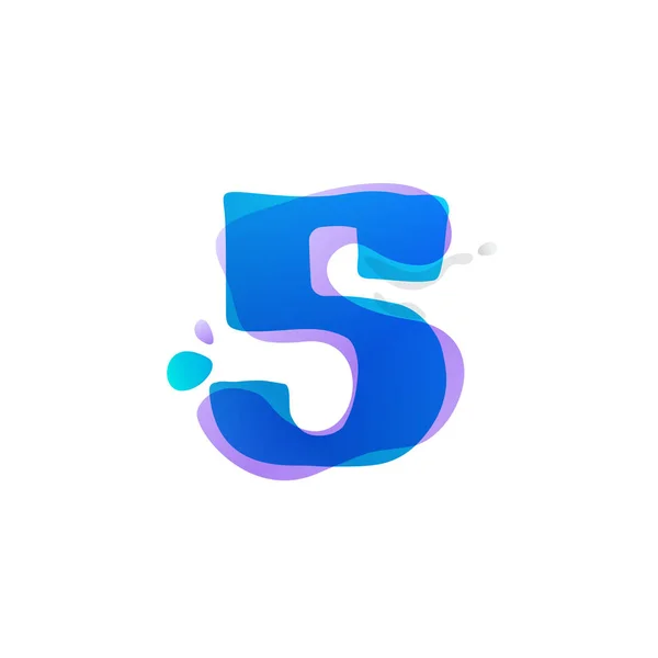 Nummer fem logotyp med akvarell stänk. — Stock vektor