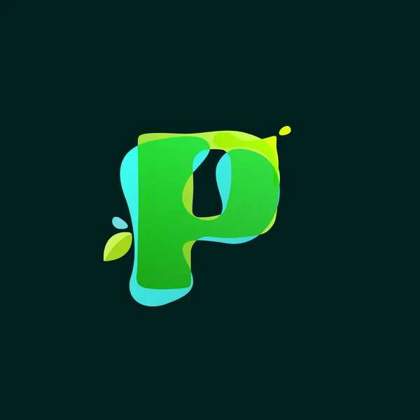 P brief logo met groene aquarel spatten. — Stockvector