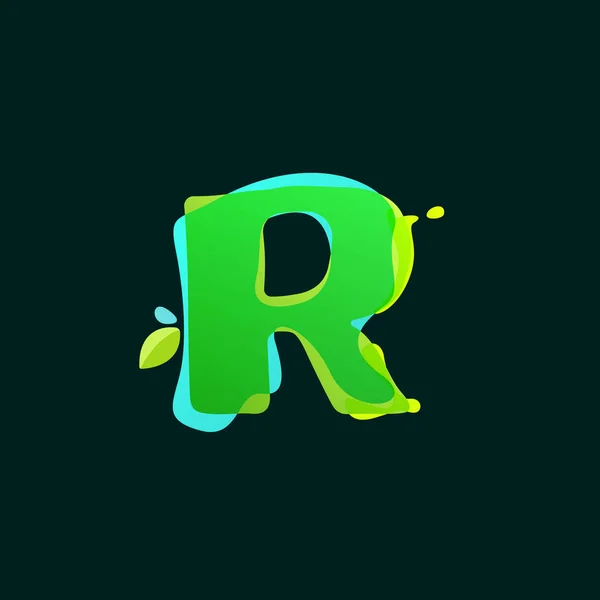 R brief logo met groene aquarel spatten. — Stockvector