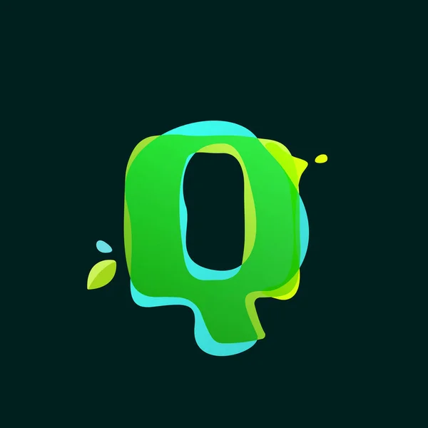 Q litera logo zielony plamami akwarela. — Wektor stockowy