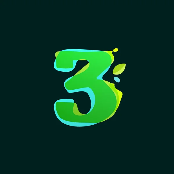 Numero tre logo con spruzzi di acquerello verde . — Vettoriale Stock