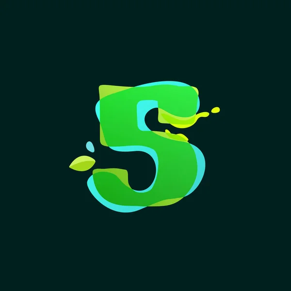 Numer pięć logo zielony plamami akwarela. — Wektor stockowy