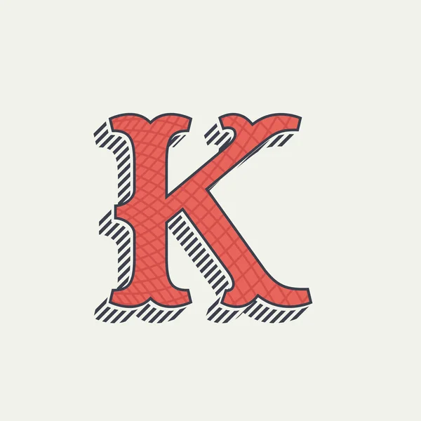 K 文字ロゴ。レトロな西洋字線テクスチャ. — ストックベクタ