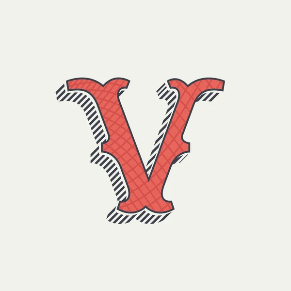 V 文字ロゴ。レトロな西洋字線テクスチャ. — ストックベクタ