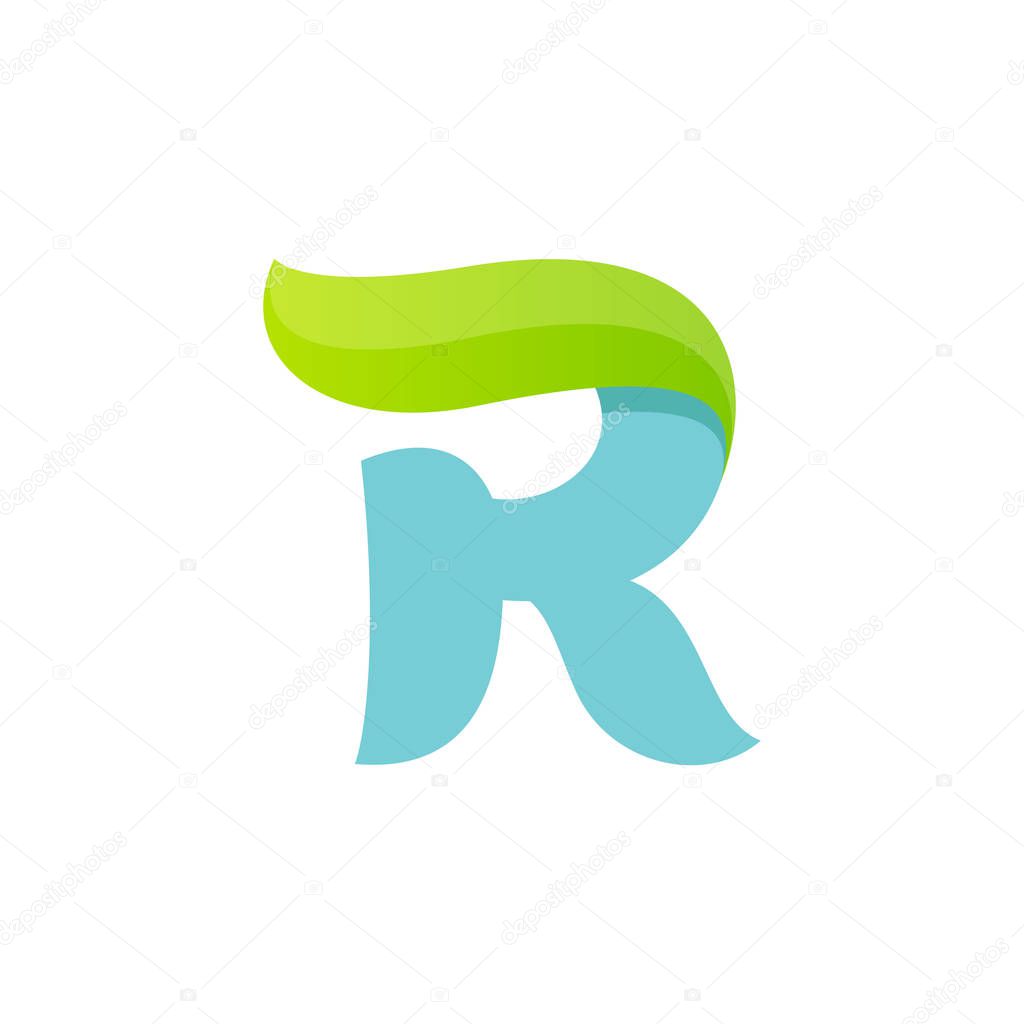 R letter logo with green leaf.