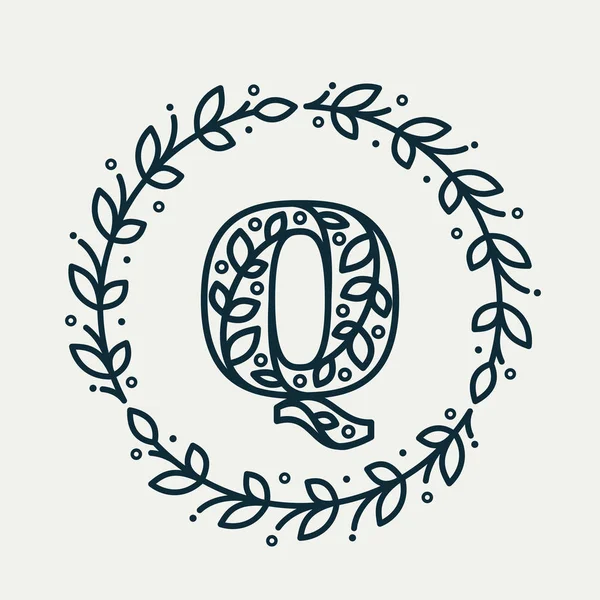 Logotipo da letra Q consistindo de padrão floral em uma coroa de louro círculo . — Vetor de Stock