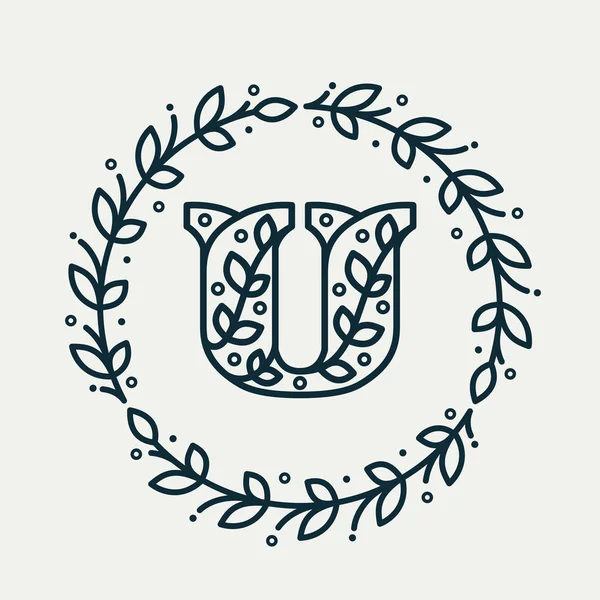 U Buchstabe Logo bestehend aus Blumenmuster in einem Kreis Lorbeerkranz. — Stockvektor