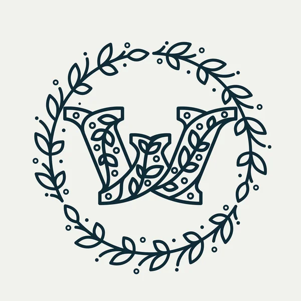 W Buchstabe Logo bestehend aus Blumenmuster in einem Kreis Lorbeerkranz. — Stockvektor