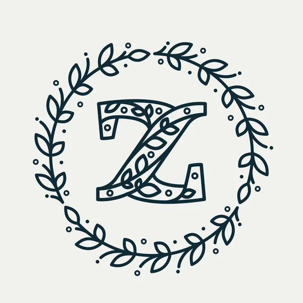 원형 로럴 화환에 있는 꽃무늬로 이루어진 Z 자 글자 로고. — 스톡 벡터