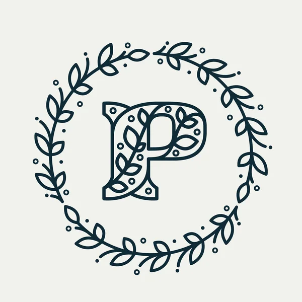 Логотип буквы P, состоящий из цветочных узоров в круговом лавровом венке . — стоковый вектор