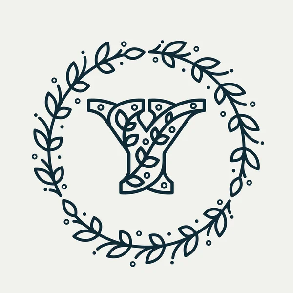 Logo litery Y składające się z wzorów kwiatowych w okrągłym wieńcu laurowym. — Wektor stockowy