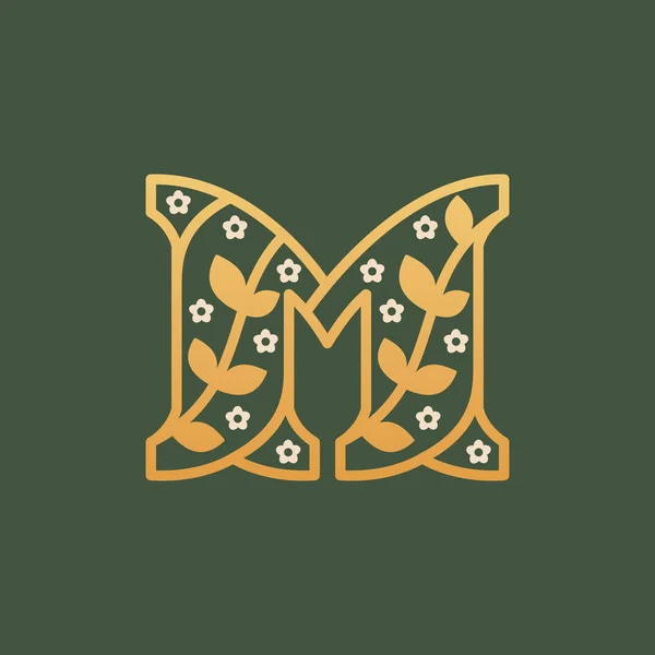 Logotipo de letra M que consiste en letras de patrón floral con flor de manzanilla . — Vector de stock
