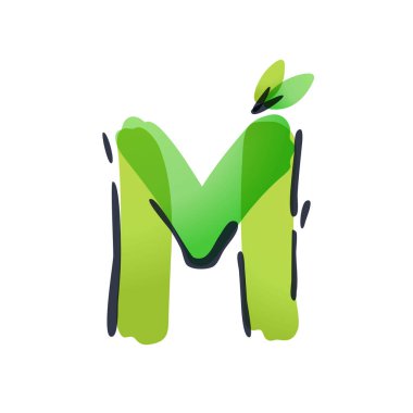 Keçeli kalemle yazılmış yeşil yapraklı M harfi ekoloji logosu.. 
