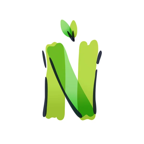 Логотип екології N-літери з зеленим листям ручної роботи з фетровою ручкою . — стоковий вектор