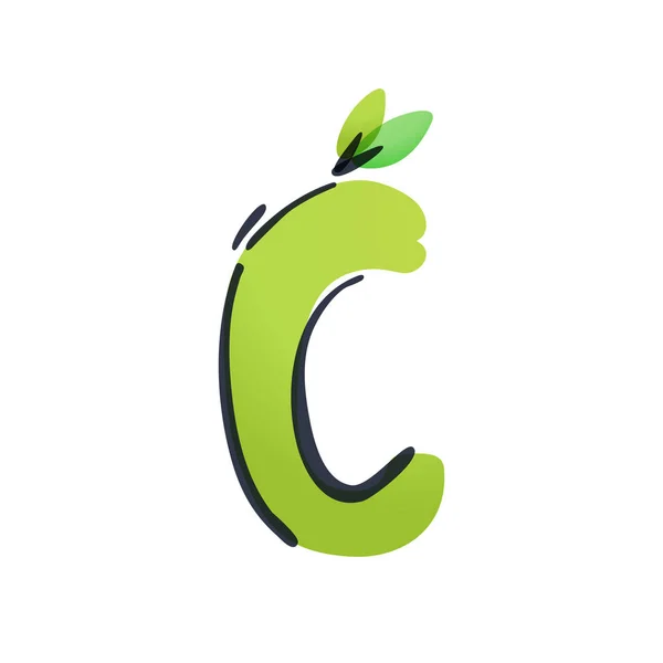 C letter ecology logo with green leaves handwritten with a felt-tip pen. — Stock Vector