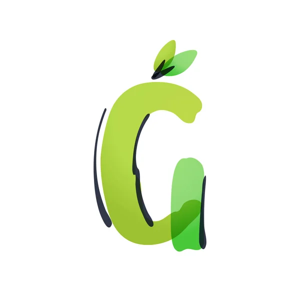 緑の葉で手書きのフェルトペンでG文字生態ロゴ. — ストックベクタ