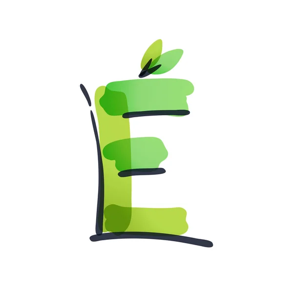 E letter ecology logo with green leaves handwritten with a felt-tip pen. — Stock Vector